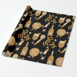 Frohes Silvester Gold und Schwarz Geschenkpapier