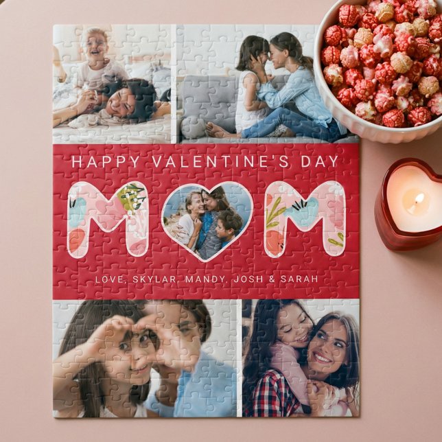 Frohes Valentinstag Mama, Foto Collage & Florals (Happy Valentine's Day Mom, Photo Collage & Florals Jigsaw Puzzle)