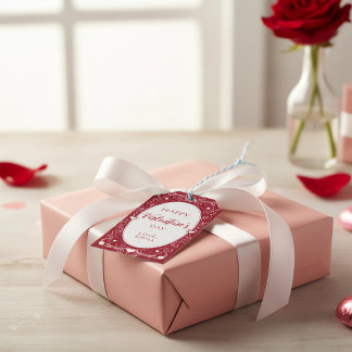 Frohes Valentinstags-Geschenkkarte mit Herzen und Geschenkanhänger