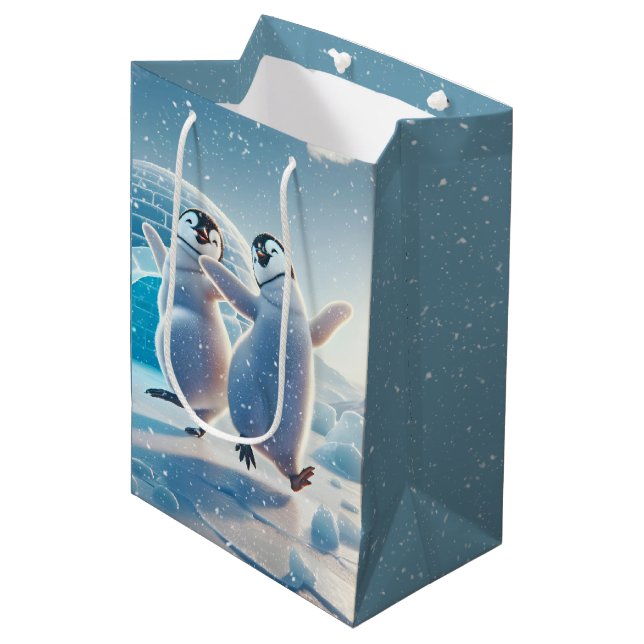 Frohes Weihnachtspenguins Tanzen Mittlere Geschenktüte (Vorderseite Schrägansicht)