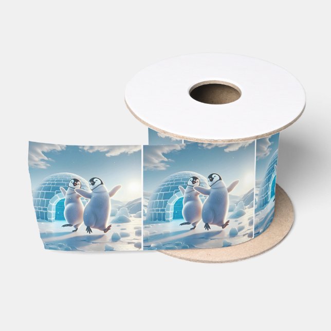 Frohes Weihnachtspenguins Tanzen Satinband (Spule)