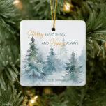 Fröhlich Alles Glücklich Immer Winterbäume Keramikornament<br><div class="desc">Aquarell-Winterbäume in Grüntönen,  gepaart mit Schrift und moderner Typografie-Verzierung.</div>