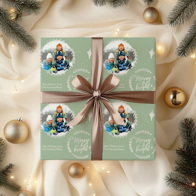 Fröhlich & Hell Custom Foto Grün und Silber Geschenkpapier (Photo christmas wrapping paper - Merry & Bright)