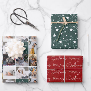Fröhlich heller Schnee 8 Foto Gitter Collage grün Geschenkpapier Set