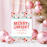 fröhlich Merry & Bright | Retro Rosa und Rot Holly Feiertagskarte<br><div class="desc">Diese Karte bietet einen fröhlichen Urlaub Gruß in einem modernen viktorianischen Stil Typografie auf einem rosa und roten Hintergrund. Sie können mit Ihren Namen und Jahr personalisieren.</div>