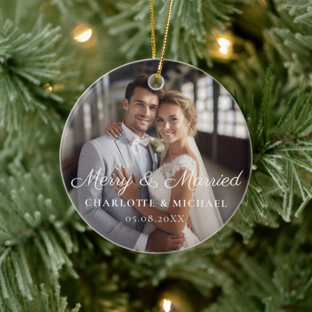 Fröhlich und Verheiratet! Elegant, simpel, Foto Keramik Ornament (Baum)