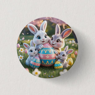 Fröhliche 3D-Hasenfamilie mit einem Osterei Button