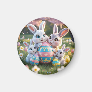 Fröhliche 3D-Hasenfamilie mit einem Osterei Magnet