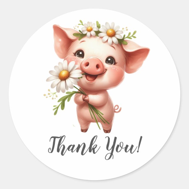 Fröhliche Blume von Pig Holding Runder Aufkleber (Vorderseite)