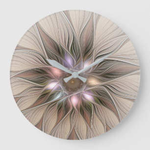 Fröhliche Blumen Abstract Beige Braun Floral Frakt Große Wanduhr
