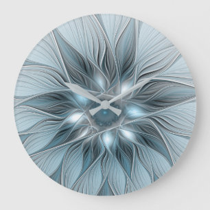 Fröhliche Blumen-Abstrakt Blau-Grau-Blumen-Fraktal Große Wanduhr