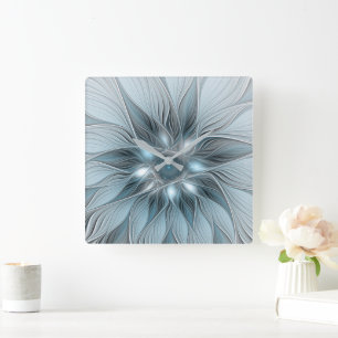 Fröhliche Blumen-Abstrakt Blau-Grau-Blumen-Fraktal Quadratische Wanduhr