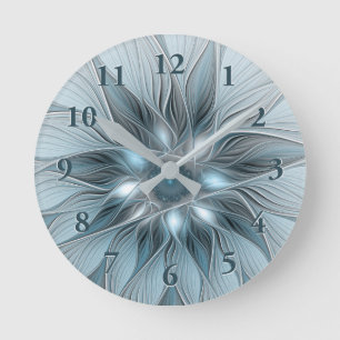 Fröhliche Blumen-Abstrakt Blau-Grau-Blumen-Fraktal Runde Wanduhr