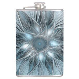 Fröhliche Blumen-Abstrakt Blau-Grau Floral Fraktal Flachmann