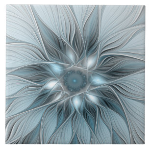 Fröhliche Blumen-Abstrakt Blau-Grau Floral Fraktal Fliese