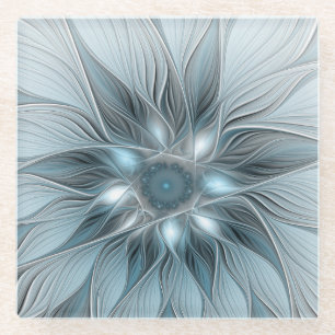 Fröhliche Blumen-Abstrakt Blau-Grau Floral Fraktal Glasuntersetzer