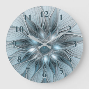 Fröhliche Blumen-Abstrakt Blau-Grau Floral Fraktal Große Wanduhr