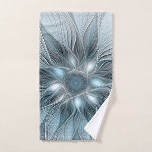 Fröhliche Blumen-Abstrakt Blau-Grau Floral Fraktal Handtuch