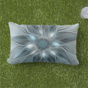 Fröhliche Blumen-Abstrakt Blau-Grau Floral Fraktal Kissen Für Draußen