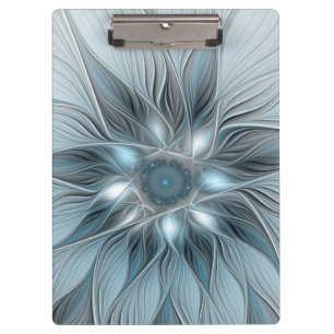 Fröhliche Blumen-Abstrakt Blau-Grau Floral Fraktal Klemmbrett