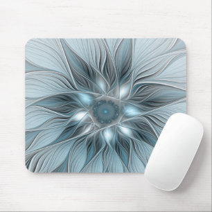 Fröhliche Blumen-Abstrakt Blau-Grau Floral Fraktal Mousepad