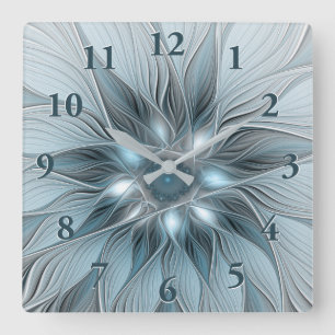 Fröhliche Blumen-Abstrakt Blau-Grau Floral Fraktal Quadratische Wanduhr
