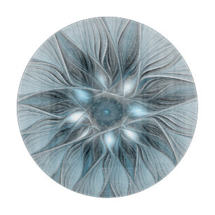 Fröhliche Blumen-Abstrakt Blau-Grau Floral Fraktal Schneidebrett