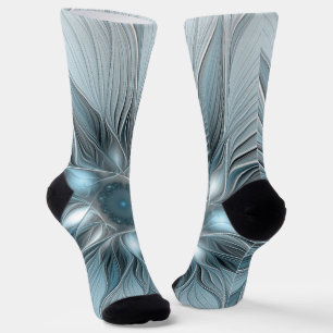 Fröhliche Blumen-Abstrakt Blau-Grau Floral Fraktal Socken