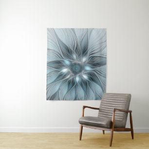 Fröhliche Blumen-Abstrakt Blau-Grau Floral Fraktal Wandteppich