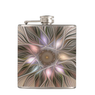 Fröhliche Blumen-Abstraktion Beige Braun Floral Fr Flachmann