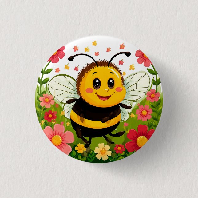 Fröhliche Cartoon Bee umgeben von hellen Blume Button (Vorderseite)