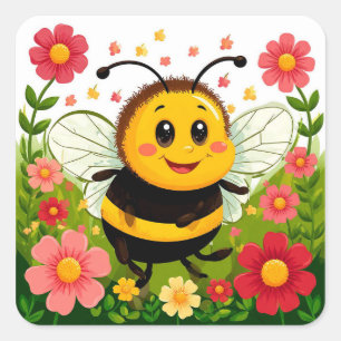 Fröhliche Cartoon Bee umgeben von hellen Blume Quadratischer Aufkleber
