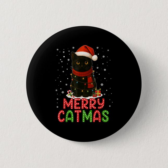 Fröhliche Catmas Santa Hut Lustige schwarze Katze  Button (Vorderseite)