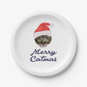 Fröhliche Catmas, Weihnachtskatze Santa Hut Einlad Pappteller