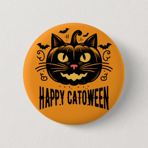 Fröhliche Catoween schwarze Katze Kürbis Gesicht H Button