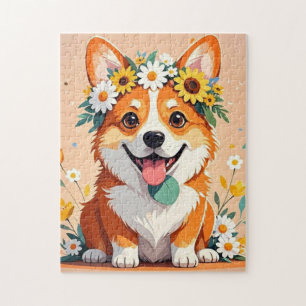 Fröhliche Corgi-Hundekrone aus Gänseblumen und Son