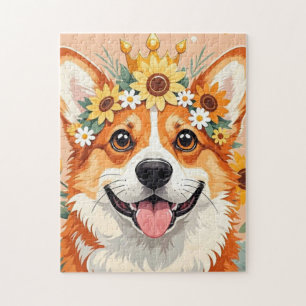 Fröhliche Corgi-Hundekrone aus Gänseblumen und Son
