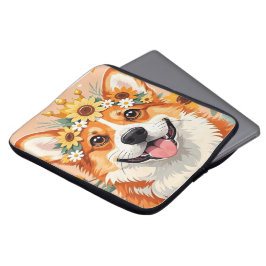 Fröhliche Corgi-Hundekrone aus Gänseblumen und Son Laptopschutzhülle