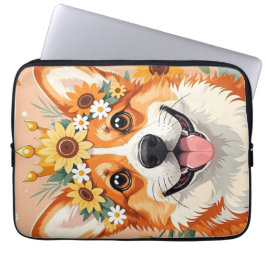 Fröhliche Corgi-Hundekrone aus Gänseblumen und Son Laptopschutzhülle