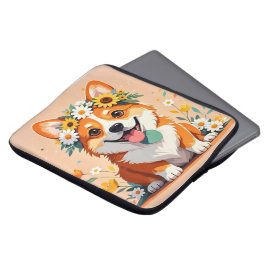 Fröhliche Corgi-Hundekrone aus Gänseblumen und Son Laptopschutzhülle
