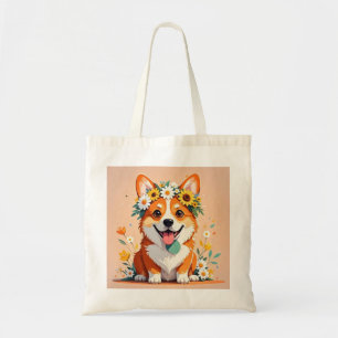 Fröhliche Corgi-Hundekrone aus Gänseblumen und Son Tragetasche