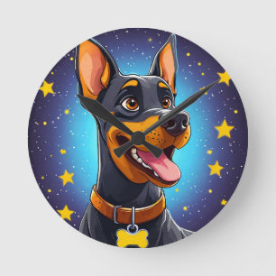 Fröhliche Dobermann-Illustration Runde Wanduhr