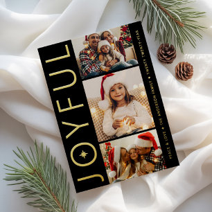 Fröhliche Drei-Foto-Karte Schwarz mit Gold Folien Feiertagskarte