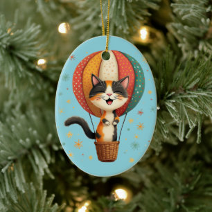 Fröhliche dreifarbige Katze Himmel Abenteuer Illus Keramik Ornament