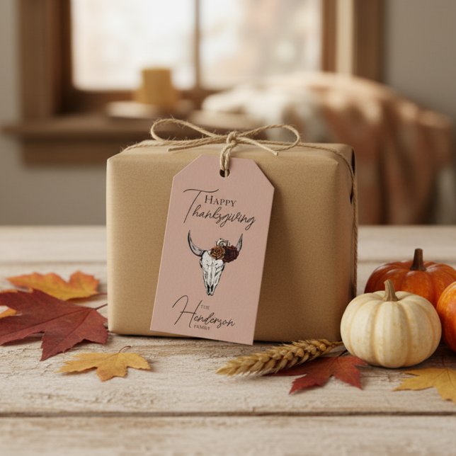 Fröhliche Ernte der blühenden Kuh Schädel Fall Ern Geschenkanhänger (Rustic Happy Thanksgiving Gift Tags. Floral Cow Skull & Horns, Roses Illustration. Elegant Pattern)