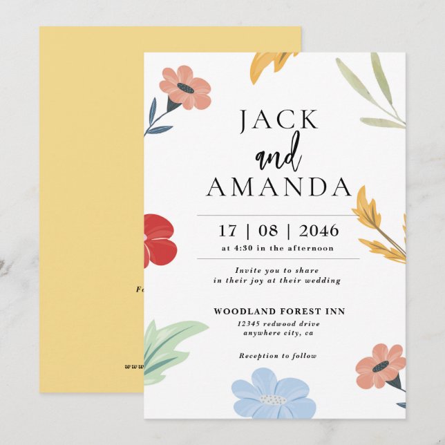 fröhliche, farbenfrohe Einladungen für Hochzeiten (Vorne/Hinten)