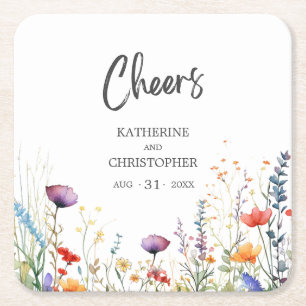 Fröhliche farbenfrohe Wildblumen Elegante Hochzeit Rechteckiger Pappuntersetzer