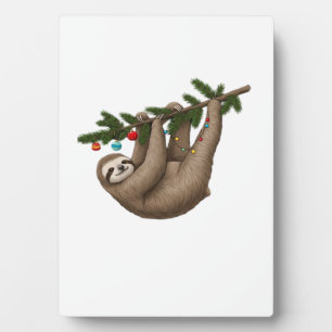 Fröhliche Faultier auf einem Weihnachtsbaumzweig m Fotoplatte