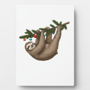 Fröhliche Faultier auf einem Weihnachtsbaumzweig m Fotoplatte