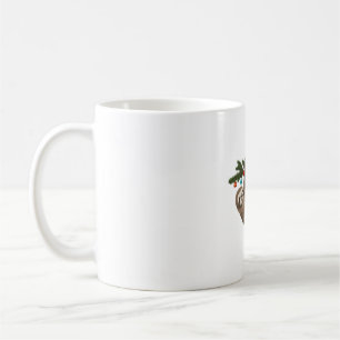 Fröhliche Faultier auf einem Weihnachtsbaumzweig m Kaffeetasse